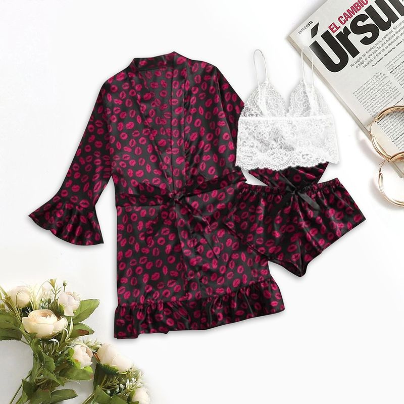 Sexy leopard print three piece pajama shorts set, fashionable printed bathrobe in large size_voghion.com