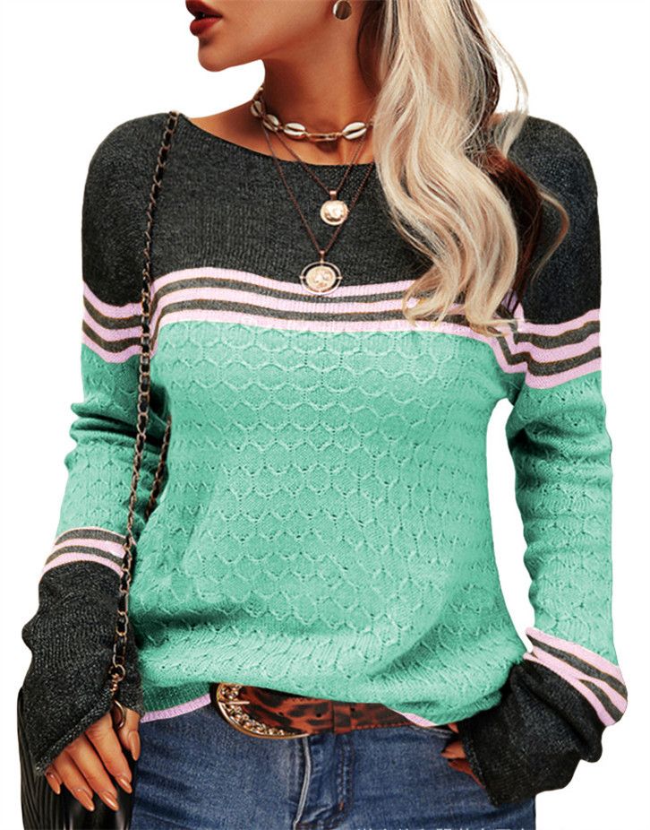Cross-border autumn and winter new women's crocheted elegant commuter top European and American long-sleeved knitted striped color matching round neck_voghion.com