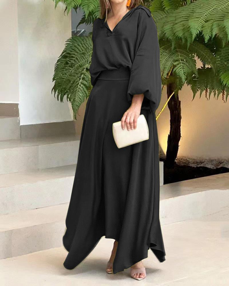 Women's Oversized Long Sleeve Top & High Waist Maxi Skirt Set – Breathable Loose Fit Two-Piece Outfit (S-XXXL, 6 Soft-Toned Colors)_voghion.com