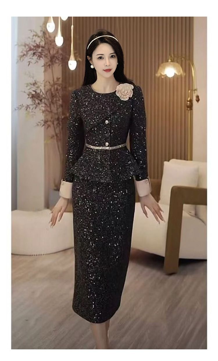 Abbigliamento donna autunno e inverno nuovo stile indossare temperamento celebrità fascia alta piccolo profumo stile paillettes vita giacca gonna vestito donna_voghion.com