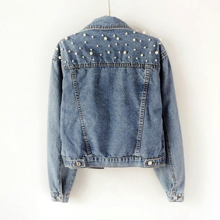 Distressed Denim Jacket Women's Casual Blazer With Rhinestone Embellishments, Light Blue Oversized Coat For Students & Plus Size_voghion.com