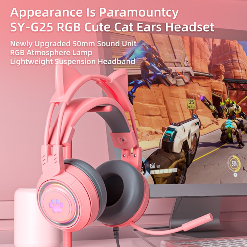 SY-G25 Cuffia cablata con riduzione del rumore sensibile Orecchie di gatto staccabili Cuffie da gioco omnidirezionali USB da 3,5 mm per laptop_voghion.com