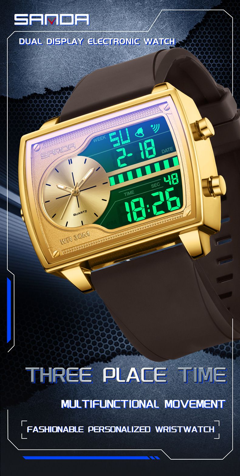 Multifunctional Digital Analog Quartz Watch With Alarm, Stopwatch, Waterproof & Night Light - Stylish Unisex Design Alarm Clock Square Watch_voghion.com