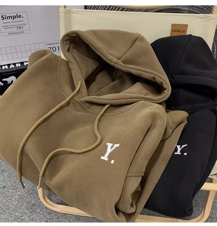 Felpa con cappuccio e stampa di lettere in velluto Silver Fox, versione coreana, stile coppia, giacca sportiva casual autunnale e invernale per uomo_voghion.com