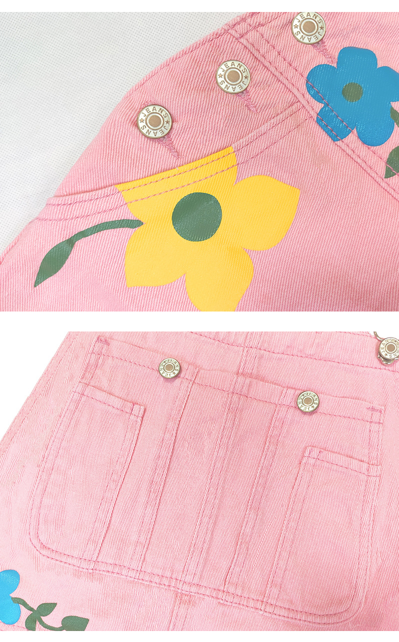 Calça feminina estampada com alças florais halter jeans_voghion.com