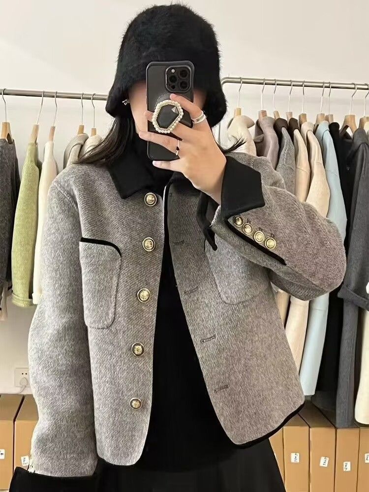 Kurzer Wollmantel für Damen – modische Oberbekleidung für Herbst und Winter, eleganter Blazer mit lockerer Passform, lässig-schickes Design, passt in kleine Größen, Grau und Beige_voghion.com