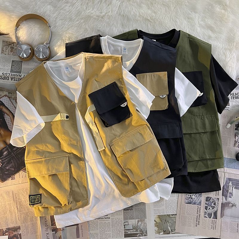 Retro functioneel tactisch vest voor heren, mouwloos hemd voor heren, werkjas_voghion.com