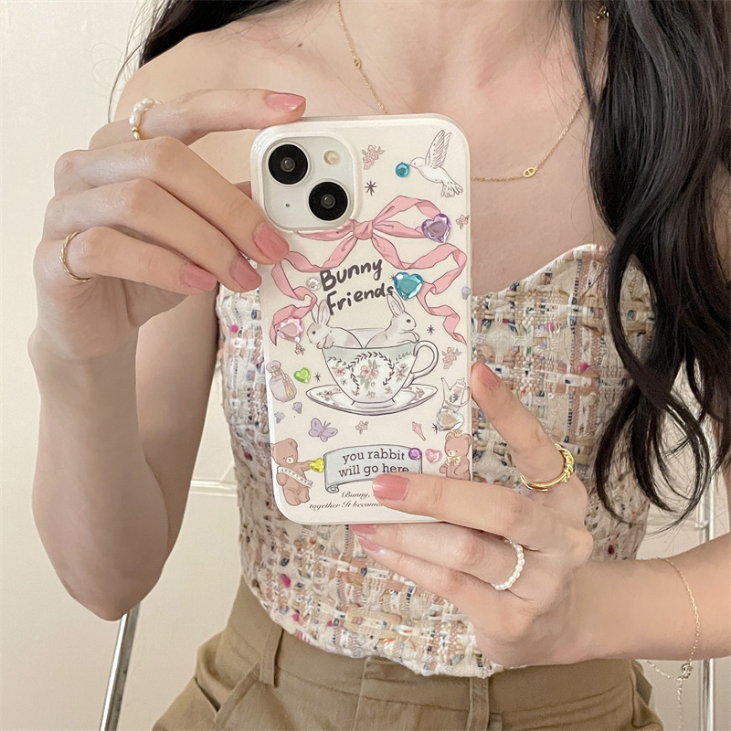 Instagram Sweet Bow Tea Cup Rabbit Suitable for iPhone 15 Promax Apple 13 Phone Case 14 Double Layer 11/_voghion.com