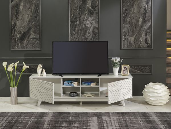 FurnisHome Store Lina Mid Century Modern Tv Stand 2 Door Cabinet 4 Cubby Hole Shelves 67 Inch Tv Unit, Grey_voghion.com