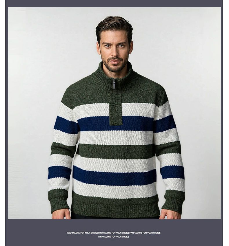 Men's Half-Zip Fleece Sweater – Thickened Striped Knit Pullover With Thermal Lining (Machine Washable, Stretch Comfort, 3 Colors, Straight Fit)_voghion.com