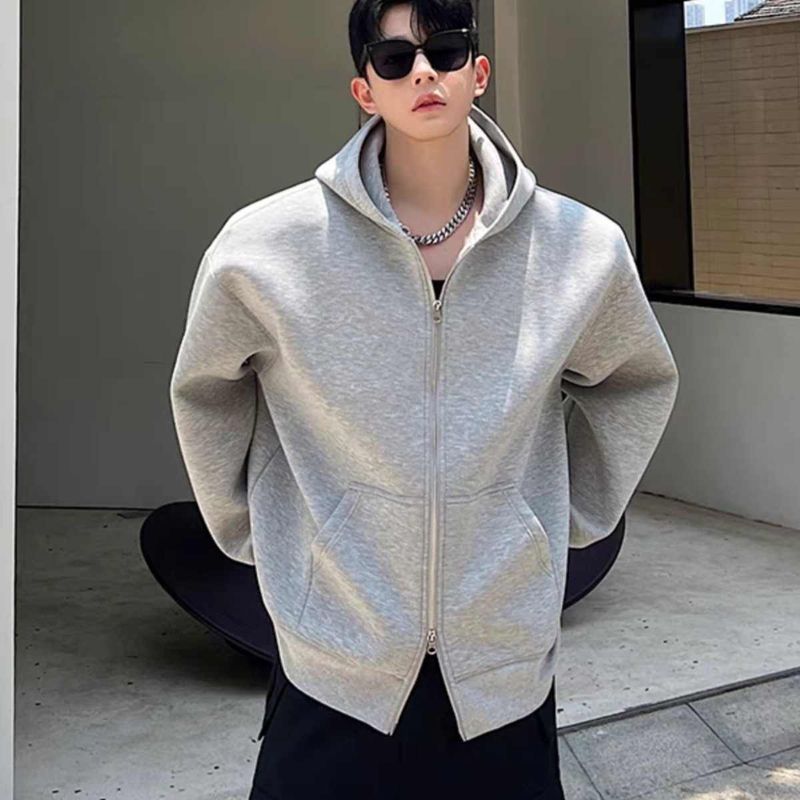 Cardigan hoodie men's double zipper autumn and winter hooded sweatshirt zipper jacket trendy hoodie jacket_voghion.com