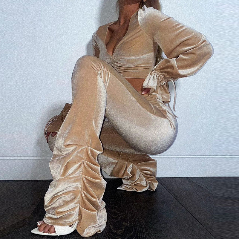 Women's Clothing autumn and winter sexy navel-baring long-sleeved top solid color micro-flared pants two-piece set_voghion.com