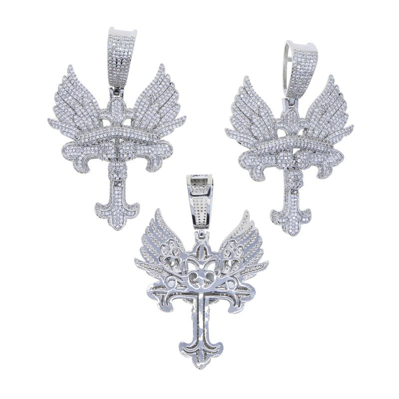Herren-Hip-Hop-Kreuz-Anhänger-Halskette mit Zirkon, Silber-/Gold-Kettenoptionen, 60 cm lange Engel-Kreuz-Zirkon-Anhänger-Trend-Herren-Halskette_voghion.com