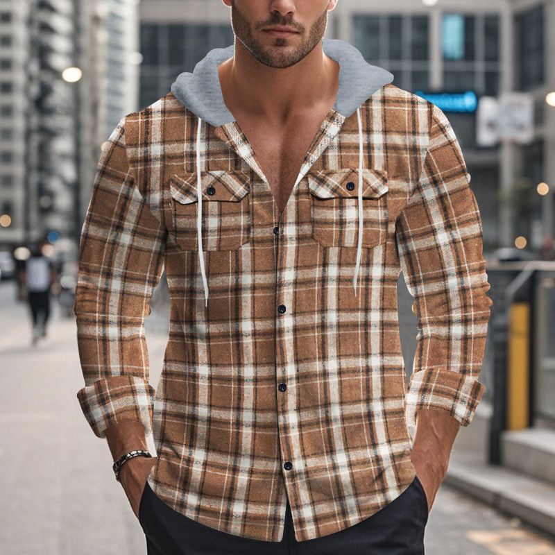 Herrenbekleidung Retro Herbst und Winter Kariertes Hemd Mit Kapuze Flanell Jacquard Freizeithemd_voghion.com