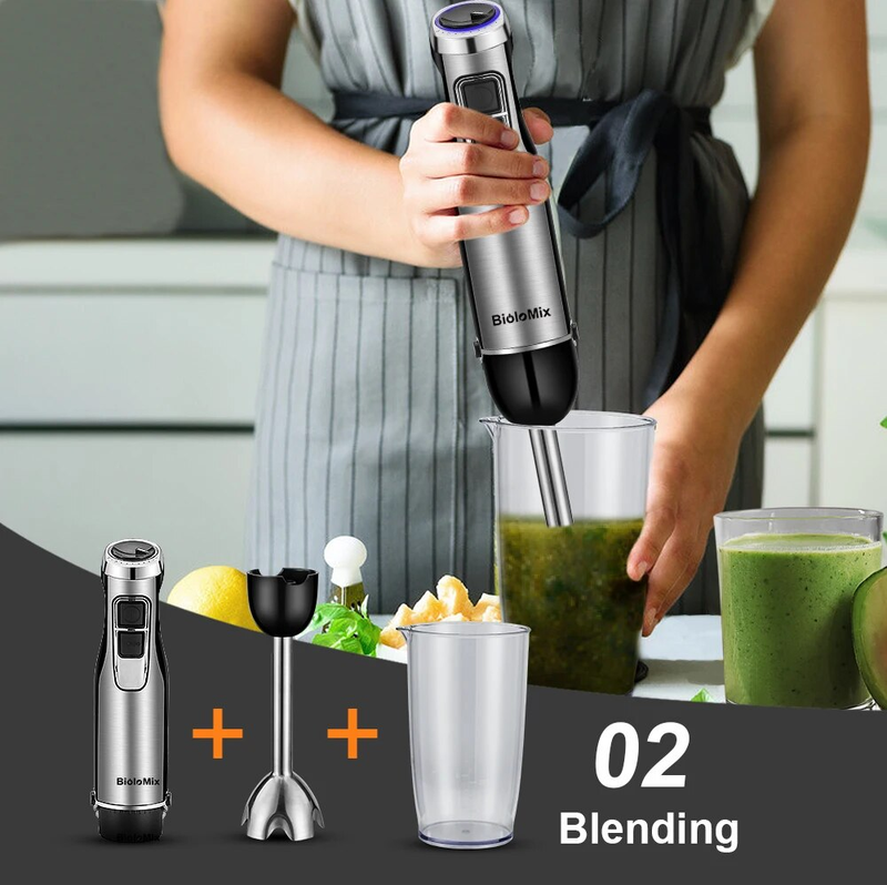 Biolomix 4-i-1 kraftfull stavmixer med immersionssystem innehåller hackare och smoothiekopp med isblad i rostfritt stål Ny populär_voghion.com