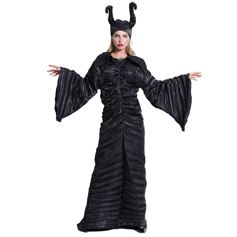 M-3XL Große Größe Halloween Kostüm Maleficent Dark Witch Kostüm Horn Hexe Kostüm Uniform_voghion.com