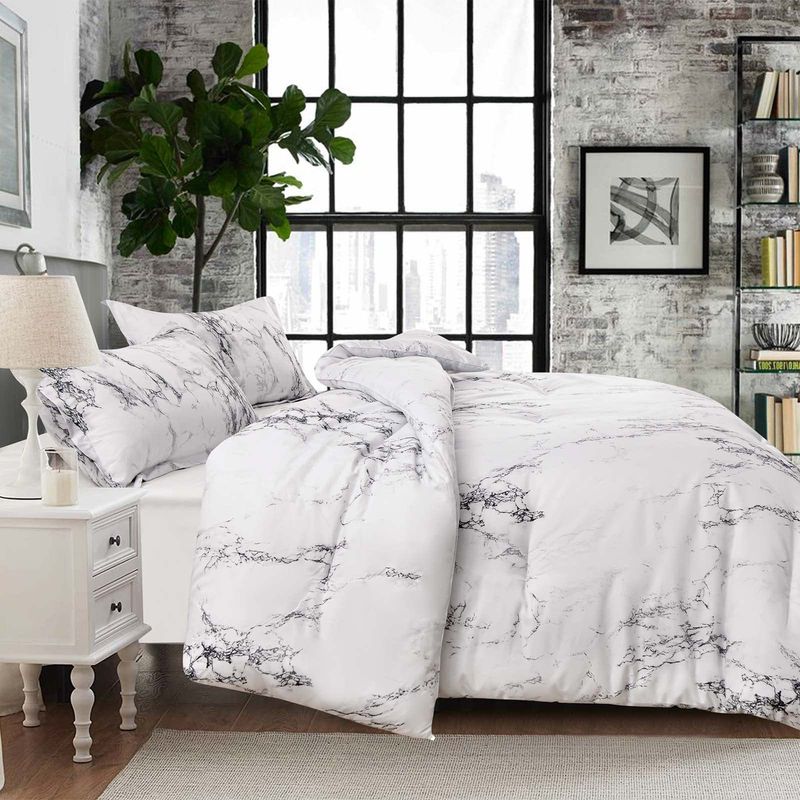 Comforter Set Quilt Set White Marble Quilt Core Three Piece Set_voghion.com