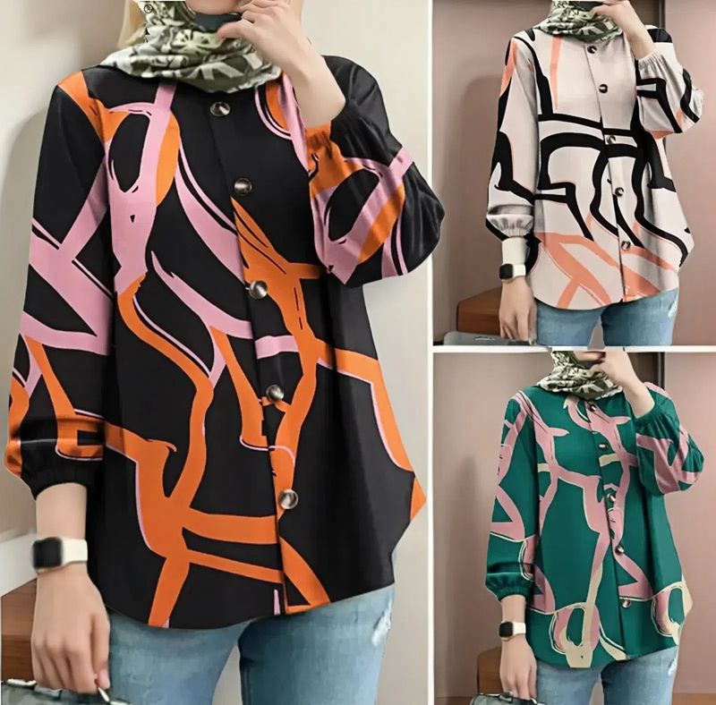 2025 Dames Lente Herfst Puff Lange Mouwen Stijlvolle Print Losse Casual Knoop Blouses Dames Feest Werk Tops Moslim Hijab Blusas_voghion.com