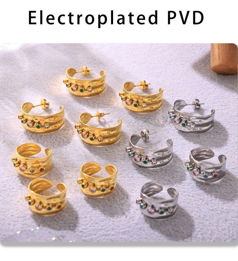Mixed Zircon Open Ring C Shaped Earrings Stainless Steel Plated Real Gold Color Preserving Jewelry Set_voghion.com