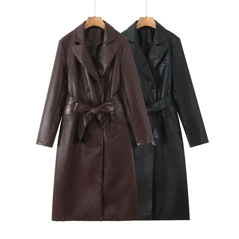 Trenchcoat mit 3D-Illusion (PU-Leder + Taillengürtel)_voghion.com
