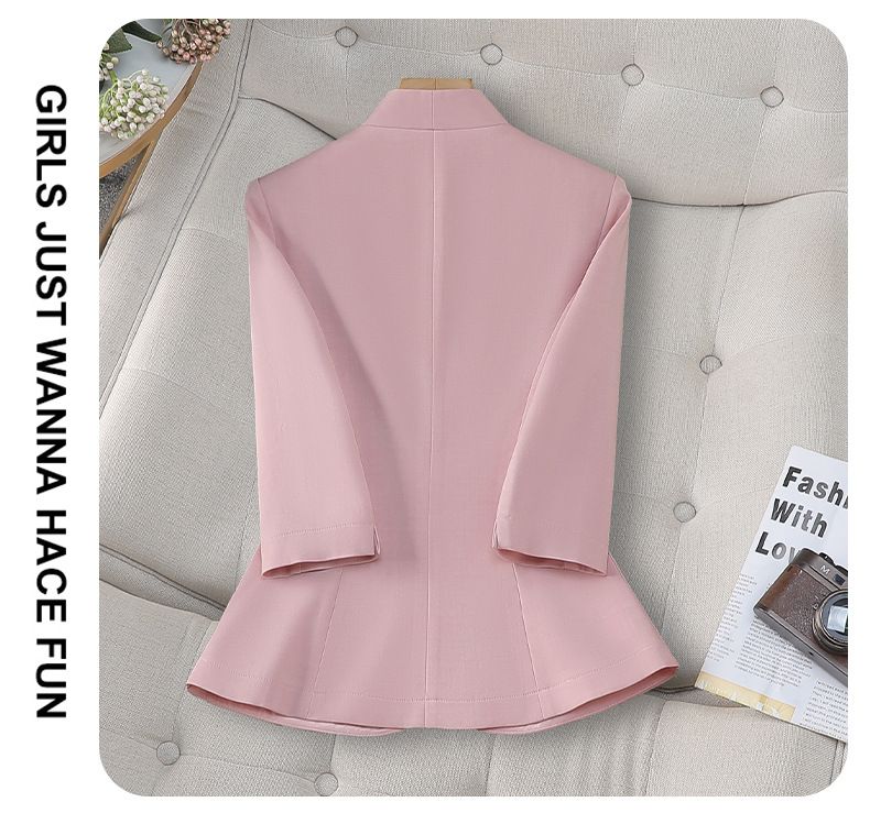 Blazer slim fit da donna, a maniche corte, elegante, da ufficio, con revers a bottone singolo, elasticizzato (rosa/beige/nero)_voghion.com