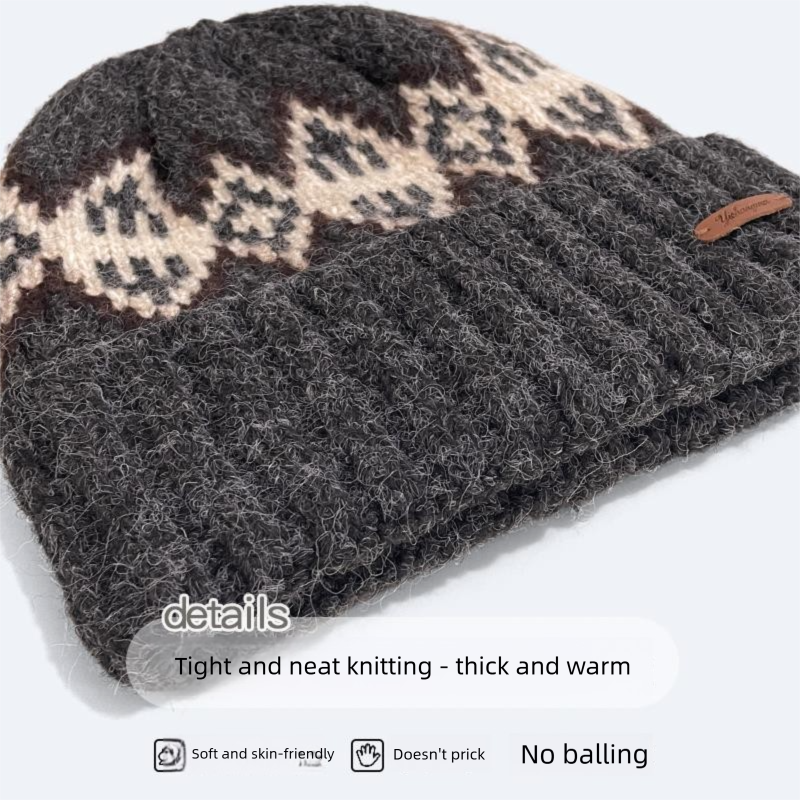 Fleece-Lined Knitted For Men Fair Isle Knit Head Wrap Black Cold Autumn Winter Men's Wool Hat_voghion.com