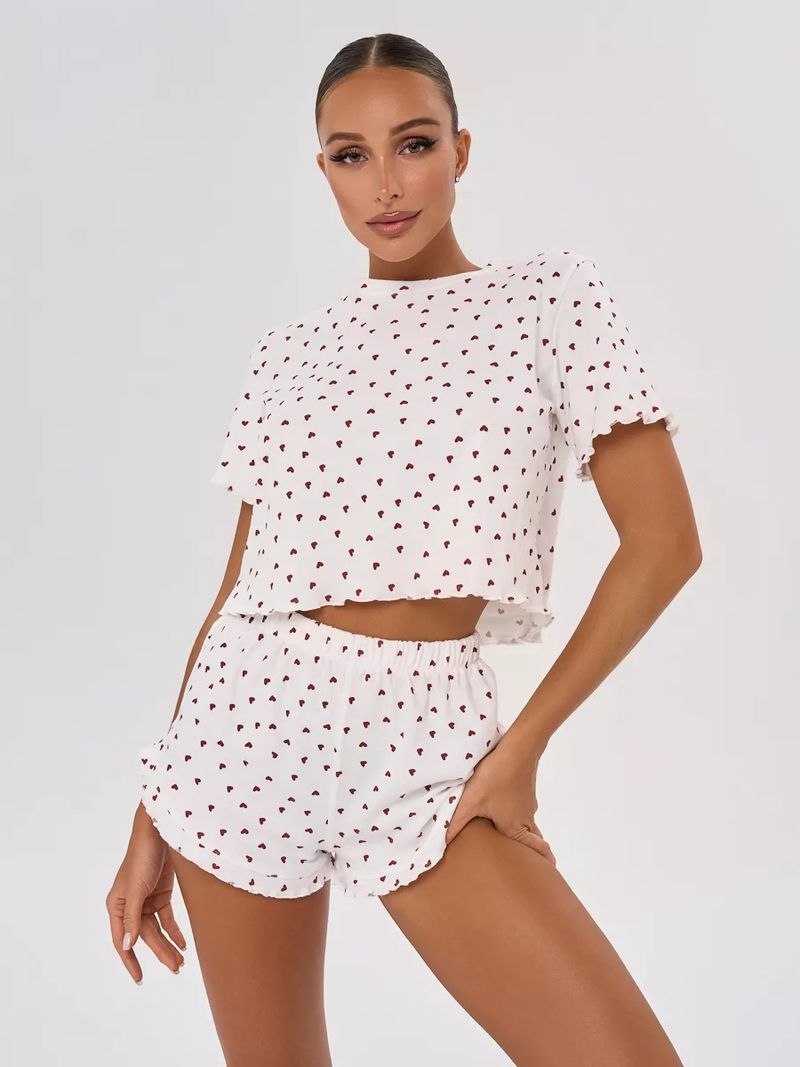 Kortermede shorts i to deler, pysjamas, dame-loungewear, hjertemønster, casual loungewear-sett_voghion.com