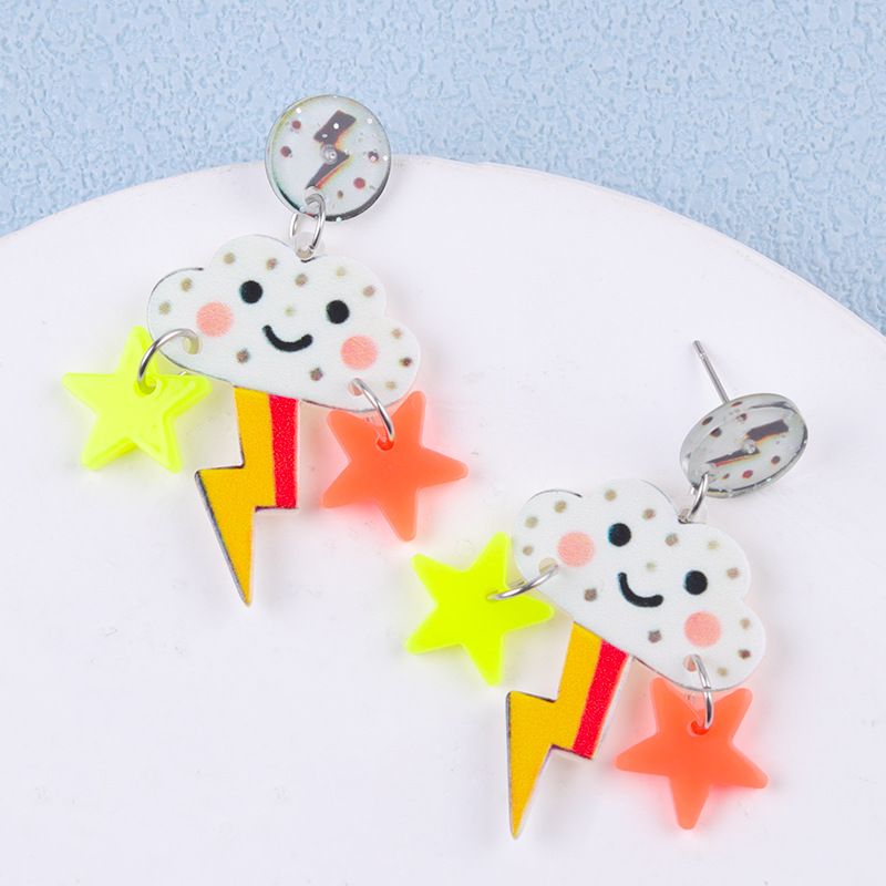 Orecchini pendenti colorati a forma di stella a cinque punte, con borchie in acrilico, a forma di nuvola, arcobaleno e cartone animato, per donna_voghion.com
