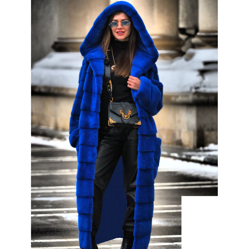 Damenmode-Fellimitatmantel mit Kapuze, gepolsterter Mantel, dicker und langer Plüschmantel_voghion.com