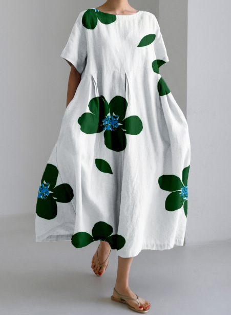Damenbekleidung Lockeres Rundhals-Mode-High-End-Kurzarm-Printkleid_voghion.com