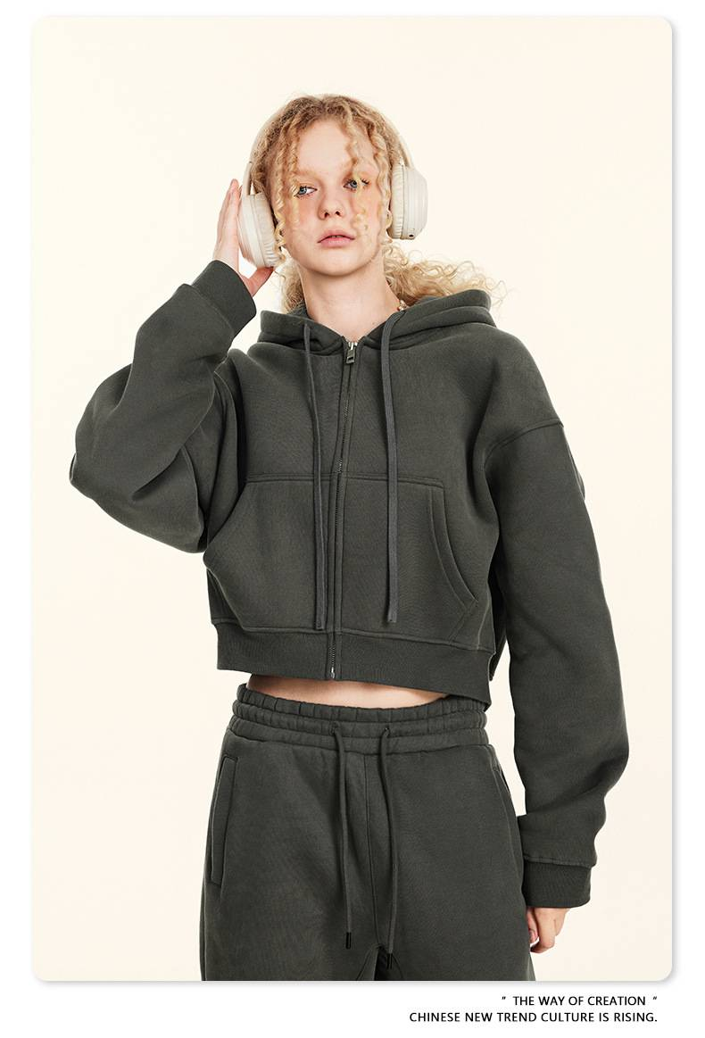 Retro-Hoodie mit Reißverschluss für Damen – Übergroßer, kurzer Pullover mit Fleecefutter, Streetwear-Freizeitjacke für Herbst und Winter_voghion.com