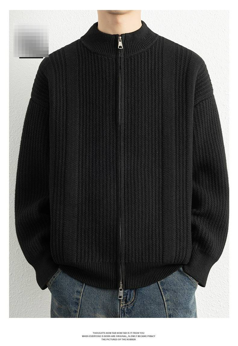 Herbst und Winter Herren Neue Stehkragen Doppelreißverschluss Strickjacke Modische Casual Solid Color Vielseitige Pulloverjacke_voghion.com