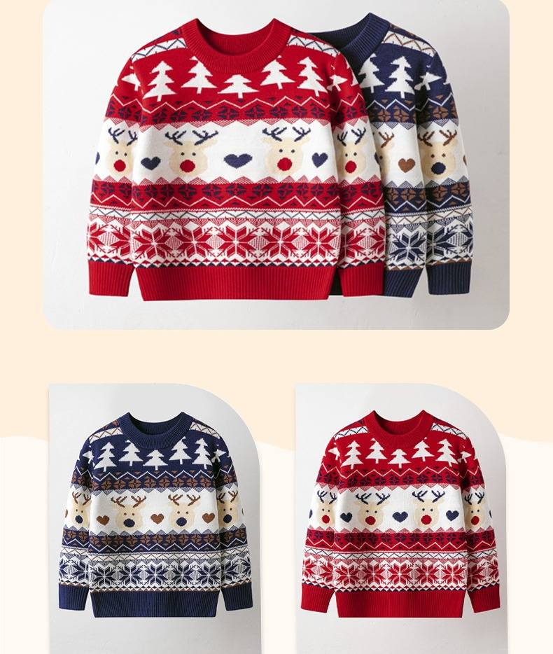 Soft Knit Christmas Cartoon Sweater For Kids - Cozy Round Neck Pullover With Fun Animal & Letter Patterns (2Y-6Y, Red/Navy)_voghion.com