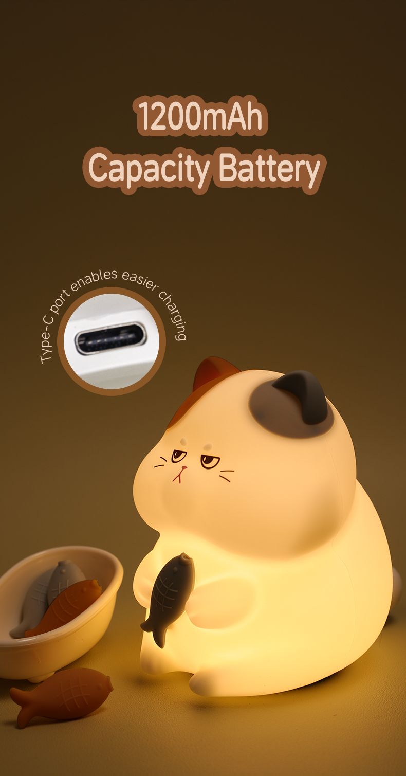 Luce notturna a forma di gatto goloso, ricaricabile, colorata, per l'alimentazione sul comodino, regalo di compleanno per bambini._voghion.com