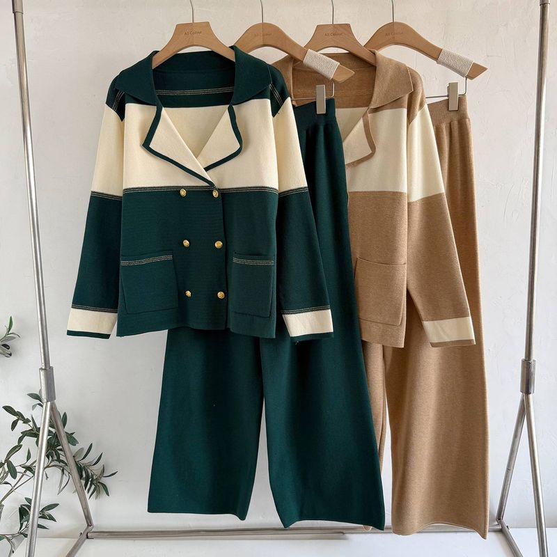 Stilvolles Damen-Set aus Strickblazer und Hose mit weitem Bein – zweireihiges, lässiges Büro-Zweiteiler-Outfit in Schwarz, Braun, Grün und Camel (Einheitsgröße)_voghion.com