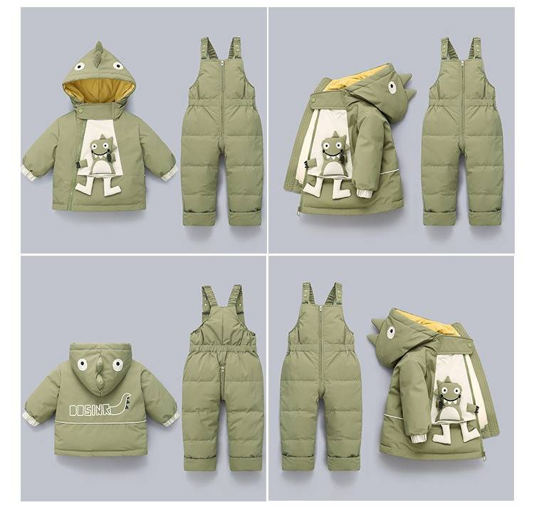 Set di piumini invernali premium per bambini - Tuta da neve calda in 2 pezzi per ragazzi e ragazze, morbido cappotto con cappuccio e bavaglino staccabile, imbottitura in piumino d'anatra bianca al 50%_voghion.com