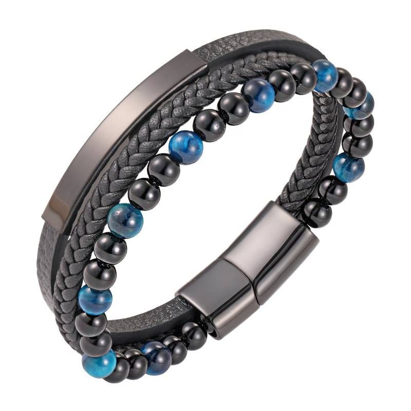 Men's Braided Multi-Layer Black Genuine Leather Bracelet With Natural Tiger Eye Stone, Magnetic Closure, Handcrafted Chain Link Cuff_voghion.com