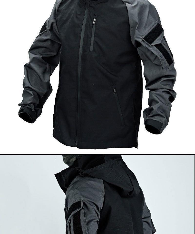 Taktisches Outdoor-Frog-Anzug-Set für Herren, Frühling/Herbst, wasserdichte Windjacke und Hose, Trainingsoutfit im Militärstil (Schwarz/Grau)_voghion.com