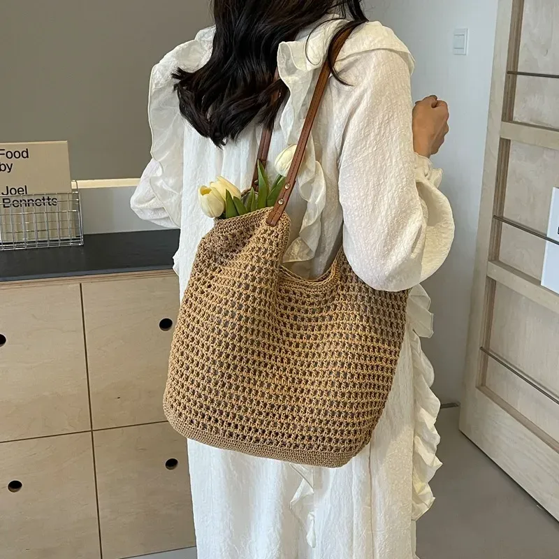 Borsa a mano da donna di grande capacità, in stile pigro, con tracolla singola, in tessuto, per le vacanze al mare, in primavera_voghion.com
