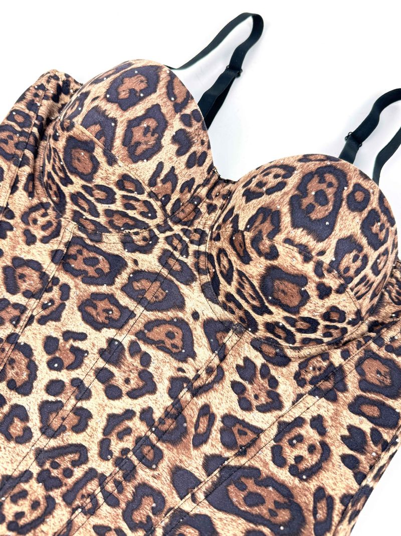 Women's Clothing Golden Brown Leopard Suede Short Vest Camisole Inner Wear Can Be Worn Outside Elastic Gathered Fishbone Body Shaping Bra_voghion.com
