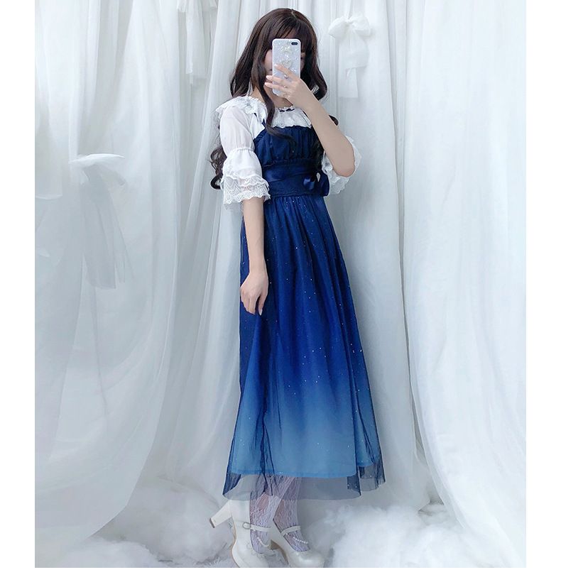 Lolita Summer Dress With Gradient Starry Sky Print - Cute JSK Sleeveless Dress With Mesh Overlay For Kawaii Fashion_voghion.com