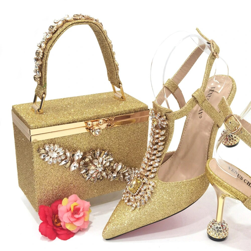 Venus Chan 2023 Italian Design Girly Style Pointed Toe Wedding Shoes And Bag, Full Diamond Decoration Metal Closure Bag_voghion.com