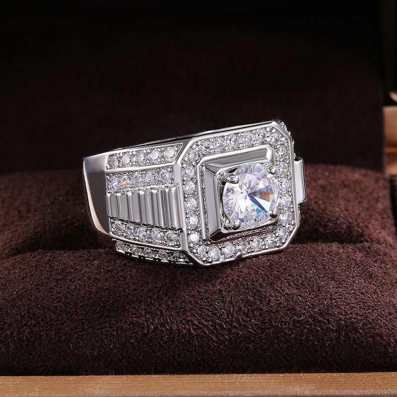 Cao Shi Anello di lusso da uomo con zircone simulato, placcato in argento e platino_voghion.com