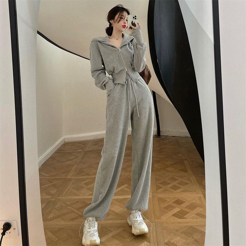 Early Autumn Sports Style Double Zipper Hoodie Short Jacket Drawstring Jogger Pants Set Two-Piece Women's Outfit_voghion.com