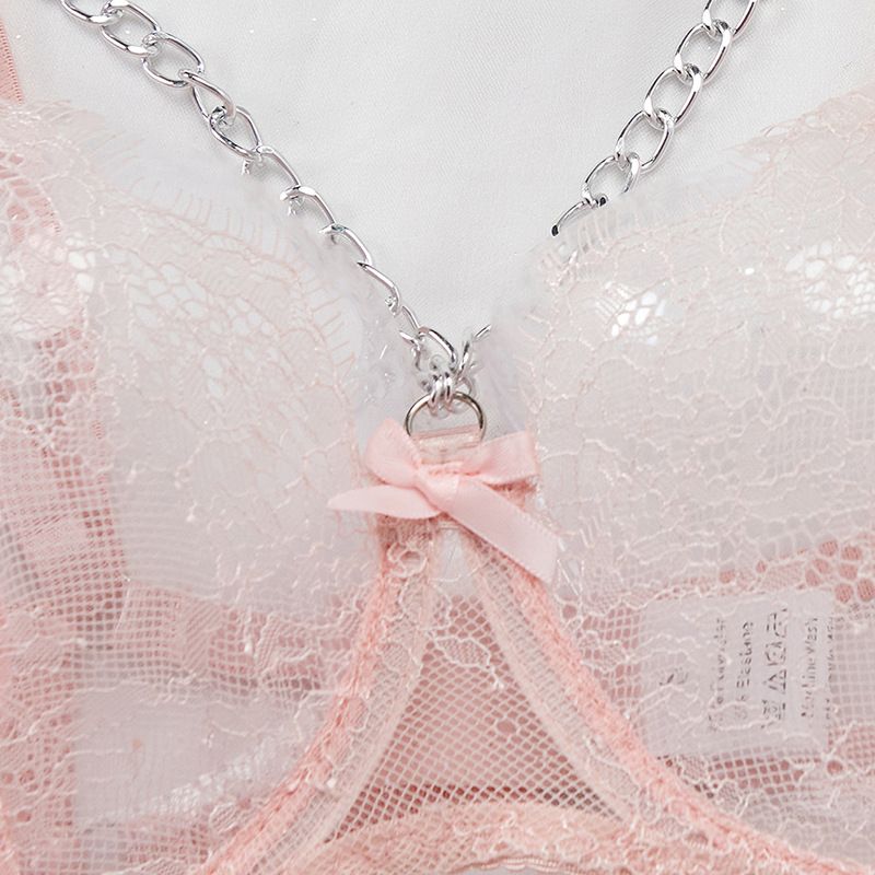 Feather Lace Metal Chain Sexy Underwear Bow Perspective Bra Sex Underwear Set_voghion.com