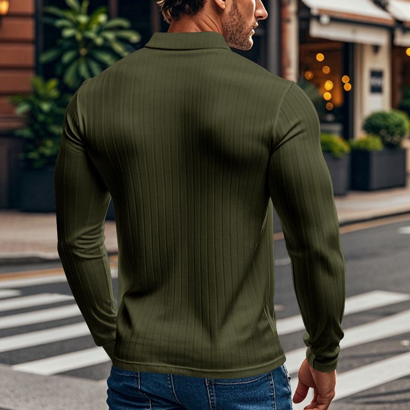 Herren-T-Shirt mit gerippter Struktur, lässiges Revers-Button-Down-Slim-Fit-Langarm-Poloshirt für Männer_voghion.com