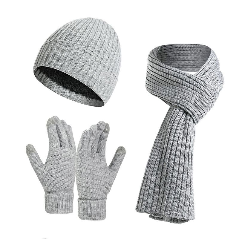 Conjunto de tres piezas de bufanda y guantes de lana de punto de color sólido grueso para otoño e invierno_voghion.com