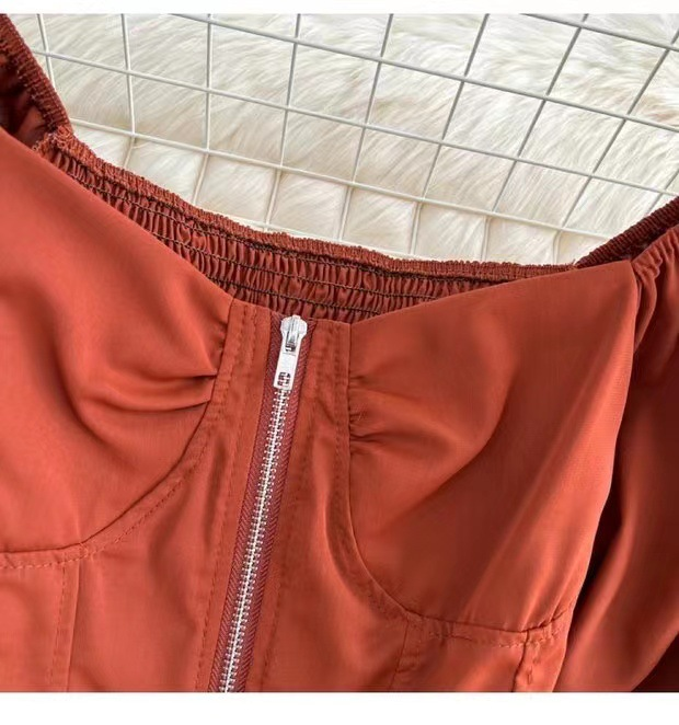 Damenbekleidung Retro Mädchen Reißverschluss Freiliegendes Schlüsselbein Puff Langarmshirt Damen Modisches Kurzes Top Crop Top_voghion.com