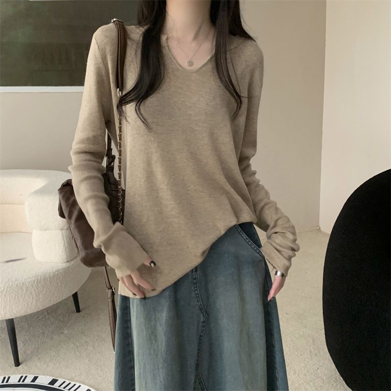 Felpa in maglia a maniche lunghe con scollo a V tinta unita per donna autunno 2025, nuova maglietta snellente in stile pigro._voghion.com