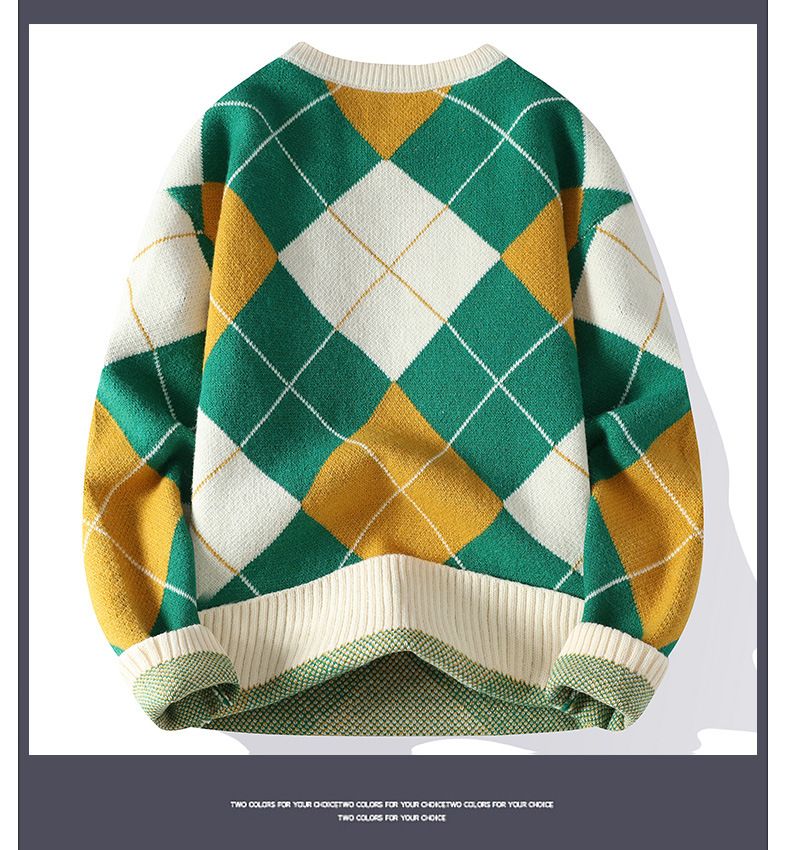 Herrkläder Diamond Rutig tröja med rund hals för män Höst/vinter förtjockad tröja Herr Lös Casual tröja_voghion.com